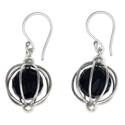 Onyx dangle earrings, 'Silver Lantern' - Handcrafted Silver Balinese Earrings with Black Onyx