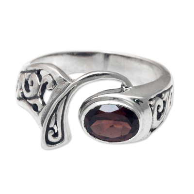 Garnet cocktail ring, 'Jimbaran' - Ornate Asymmetrical Garnet and Sterling Silver Ring