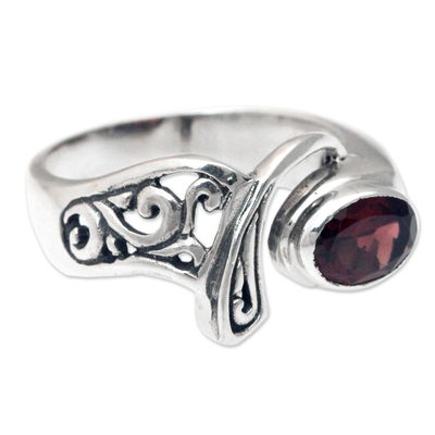 Garnet cocktail ring, 'Jimbaran' - Ornate Asymmetrical Garnet and Sterling Silver Ring