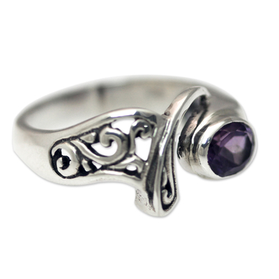 Amethyst cocktail ring, 'Jimbaran' - Amethyst and Sterling Silver Ornate Asymmetrical Ring