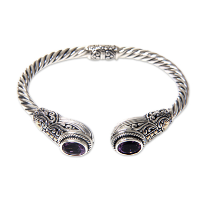 Gold accent amethyst cuff bracelet, 'Empress of Gelgel' - Handcrafted Bali Hinged Silver Cuff Bracelet with Amethysts