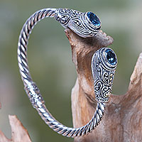 Gold accent blue topaz cuff bracelet, 'Empress of Gelgel' - Bali Handcrafted Hinged Silver Blue Topaz Cuff Bracelet