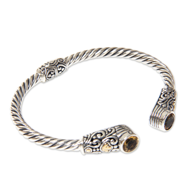 Gold accent citrine cuff bracelet, 'Sukawati Secret' - Sterling Silver Hinged Cuff Bracelet with Citrine Gold Plate