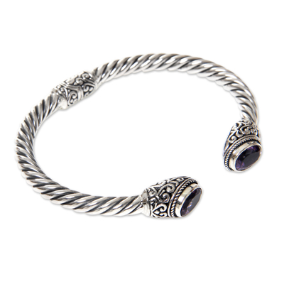 Amethyst cuff bracelet, 'Bali Splendor' - Bali Jewellery Sterling Silver Cuff Bracelet with Amethyst
