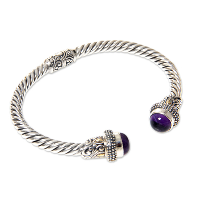 Gold accent amethyst cuff bracelet, 'Pillars of Majapahit' - Sterling Silver Cuff Bracelet with Amethyst and Gold Accents