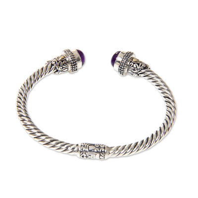 Gold accent amethyst cuff bracelet, 'Pillars of Majapahit' - Sterling Silver Cuff Bracelet with Amethyst and Gold Accents
