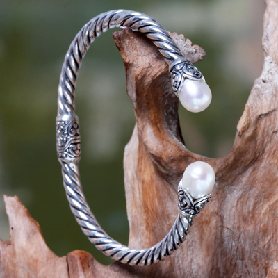 Cultured pearl cuff bracelet, 'Cotton Blossom' - Silvery White Pearls on Sterling Silver Hinged Cuff Bracelet