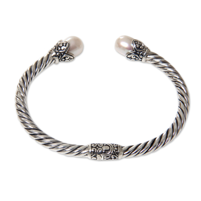 Cultured pearl cuff bracelet, 'Cotton Blossom' - Silvery White Pearls on Sterling Silver Hinged Cuff Bracelet