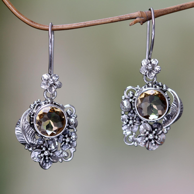 Citrine dangle earrings, 'Sun Blossoms' - Finely Crafted Ornate Citrine Floral Earrings from Bali
