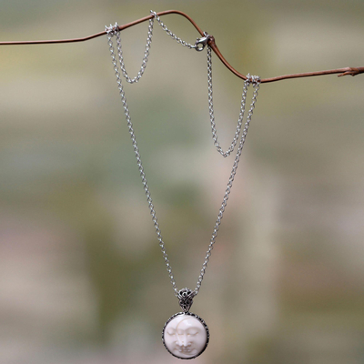 Sterling silver pendant necklace, 'Moon Romancing' - Balinese Handcrafted Silver Necklace with Bone Inlay