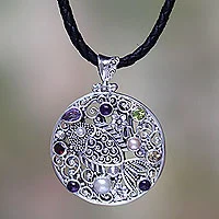 Multi-gemstone pendant necklace, 'Silver Gourami' - Handmade Pearl and Silver Necklace Four Other Faceted Gems