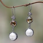 Citrine dangle earrings, 'Frangipani Moon Child' - Citrine Moon Image Silver Earrings Crafted in Bali