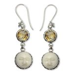 Citrine dangle earrings, 'Frangipani Moon Child' - Citrine Moon Image Silver Earrings Crafted in Bali