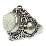 Peridot cocktail ring, 'Quiet Dreams' - Peridot Statement Ring in Silver and Hand Carved Bone