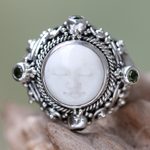 Peridot cocktail ring, 'Quiet Dreams' - Peridot Statement Ring in Silver and Hand Carved Bone