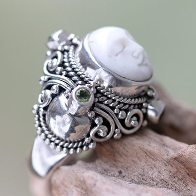 Peridot Statement Ring in Silver and Hand Carved Bone - Quiet Dreams ...