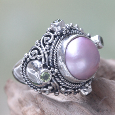 Pink Mabe Pearl and Peridot Artisan Crafted Cocktail Ring - Regal Rose ...