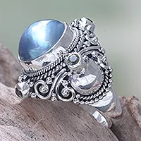 Anillo cóctel perla cultivada y peridoto - Anillo de cóctel con peridoto y perla mabe azul artesanal