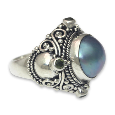 Cultured pearl and peridot cocktail ring, 'Regal Blue Glory' - Artisan Crafted Blue Mabe Pearl and Peridot Cocktail Ring