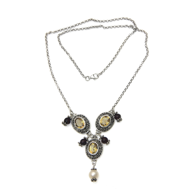 Cultured pearl and citrine Y-necklace, 'Goddess Rhyme' - Citrine Garnet Handcrafted Silver Cultured Pearl Y-Necklace