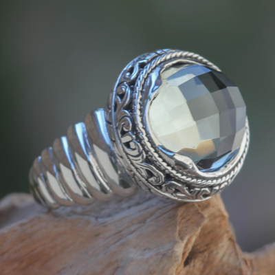 Prasiolite cocktail ring, 'Natural Spring' - Modern Balinese Silver Ring with Faceted Prasiolite