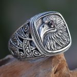 Garnet signet ring, 'Java Eagle' - Eagle Theme Handcrafted Sterling Silver and Garnet Ring