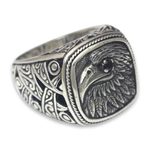 Garnet signet ring, 'Java Eagle' - Eagle Theme Handcrafted Sterling Silver and Garnet Ring
