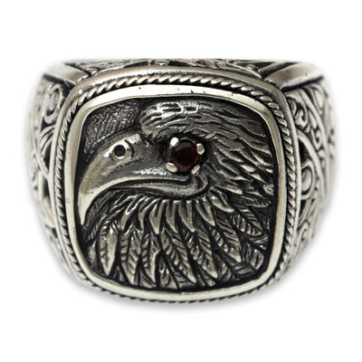 Garnet signet ring, 'Java Eagle' - Eagle Theme Handcrafted Sterling Silver and Garnet Ring