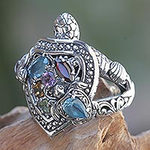 Artisan Crafted Balinese Turtle Theme Ring with Gemstones, 'Turtle in Paradise'