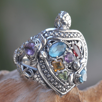 Multi-gemstone cocktail ring, 'Turtle in Paradise' - Artisan Crafted Balinese Turtle Theme Ring with Gemstones
