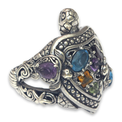 Multi-gemstone cocktail ring, 'Turtle in Paradise' - Artisan Crafted Balinese Turtle Theme Ring with Gemstones