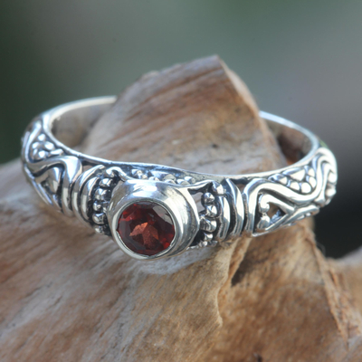 Garnet solitaire ring, 'Hearts Connected' - Bali Artisan Crafted Silver and Garnet Solitaire Ring
