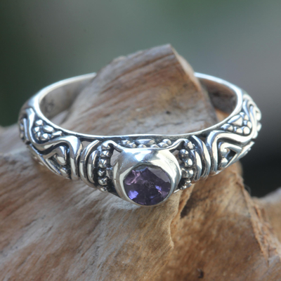 Amethyst solitaire ring, 'Hearts Connected' - Amethyst Bali Artisan Crafted Silver Solitaire Ring
