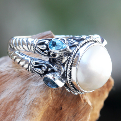 Cultured pearl and blue topaz cocktail ring, 'Joyful Moon' - Sterling Silver Ring with Mabe Pearl and Blue Topaz