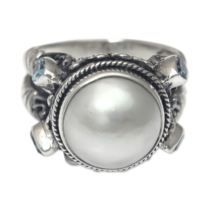 Cultured pearl and blue topaz cocktail ring, 'Joyful Moon' - Sterling Silver Ring with Mabe Pearl and Blue Topaz