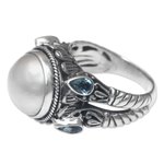 Cultured pearl and blue topaz cocktail ring, 'Joyful Moon' - Sterling Silver Ring with Mabe Pearl and Blue Topaz