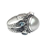Cultured pearl and blue topaz cocktail ring, 'Joyful Moon' - Sterling Silver Ring with Mabe Pearl and Blue Topaz