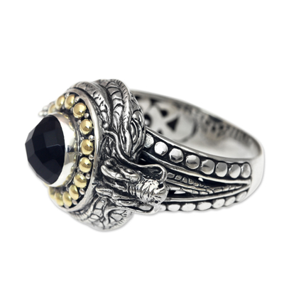 Onyx and gold accent cocktail ring, 'Dragon Treasure' - Dragon-shaped Sterling Silver Ring with Onyx and Gold Accent