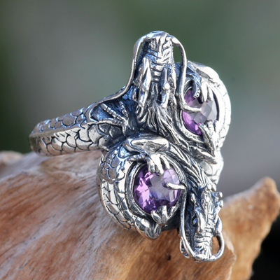 Amethyst cocktail ring, 'Noble Dragons' - Sterling Silver Dragon Jewelry Ring with Amethysts