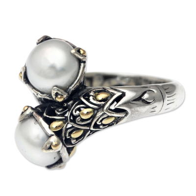 Cultured pearl and gold accent cocktail ring, 'Twin Snowdrops' - Pearl Sterling Silver Wrap Rings with 18k Gold Plate Accents
