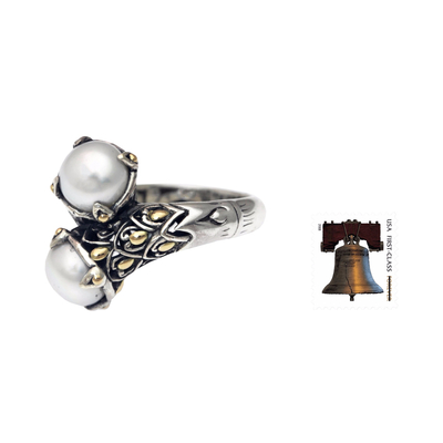 Cultured pearl and gold accent cocktail ring, 'Twin Snowdrops' - Pearl Sterling Silver Wrap Rings with 18k Gold Plate Accents
