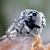 Onyx cocktail ring, 'Monkey Forest' - Sterling Silver Ring with Monkeys and Onyx from Bali thumbail