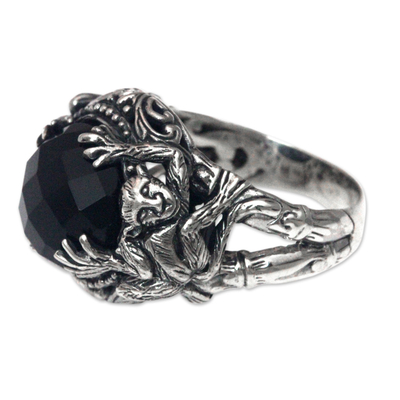 Onyx cocktail ring, 'Monkey Forest' - Sterling Silver Ring with Monkeys and Onyx from Bali