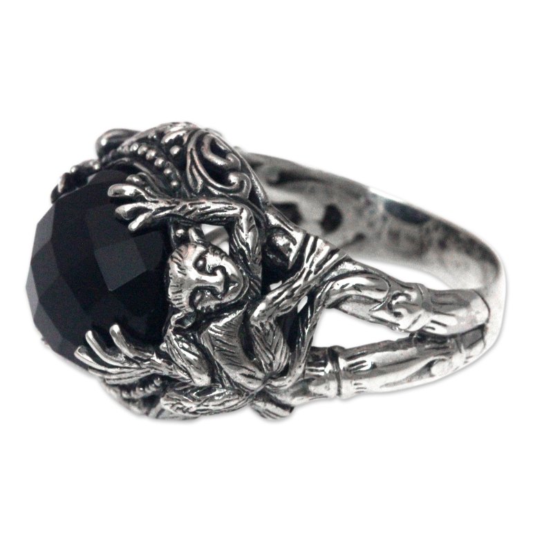 Sterling Silver Ring with Monkeys and Onyx from Bali - Monkey