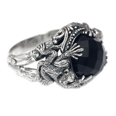 Onyx cocktail ring, 'Monkey Forest' - Sterling Silver Ring with Monkeys and Onyx from Bali