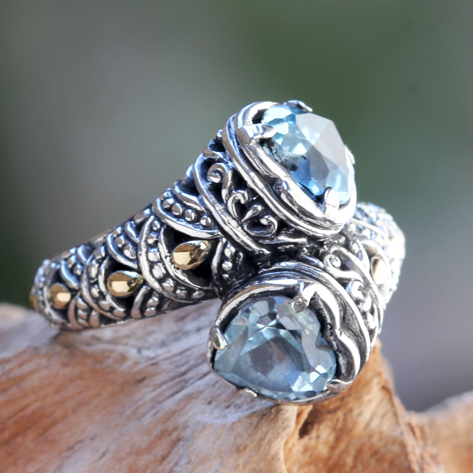 Blue Topaz on Sterling Silver Ring with Gold Plated Accents - Romantic ...