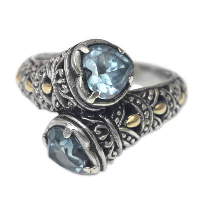 Blue topaz and gold accent cocktail ring, 'Romantic at Heart' - Blue Topaz on Sterling Silver Ring with Gold Plated Accents