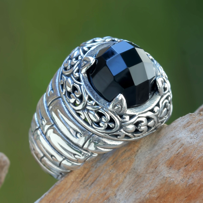 Onyx domed ring, 'Drama Night' - Checkered Board Onyx on Sterling Silver Ring from Bali