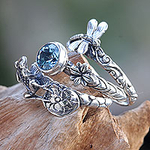 Dragonfly and Frog on Silver Blue Topaz Stacking Rings (3), 'Garden of Eden'