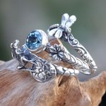 Blue topaz stacking rings, 'Garden of Eden' (set of 3) - Dragonfly and Frog on Silver Blue Topaz Stacking Rings (3)